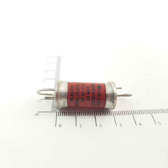 1 X PLASTIC OF20-103 OILD FILLED GLASS CAPACITOR 0.01MFD 2000VDCW HIGH VOLTAGE. RCA299/1
