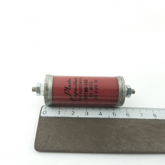 1 X PLASTIC OF100-103 OILD FILLED GLASS CAPACITOR 0.01MFD 10KVDCW HIGH VOLTAGE. RCA299/2