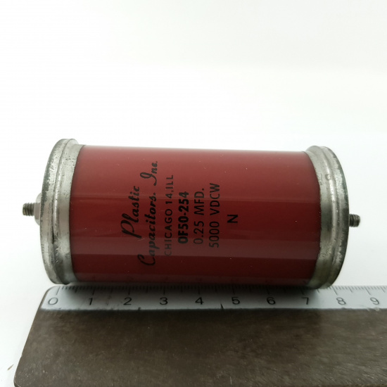 1 X PLASTIC OF50-254 OILD FILLED GLASS CAPACITOR 0.25MFD 5000VDCW HIGH VOLTAGE. RCA299/5