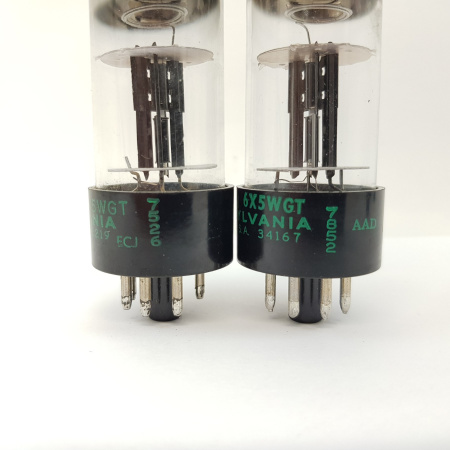 2 X JAN 6X5WGT SYLVANIA TUBE. BLACK PLATES. MATCHED PAIR. 26. CH70