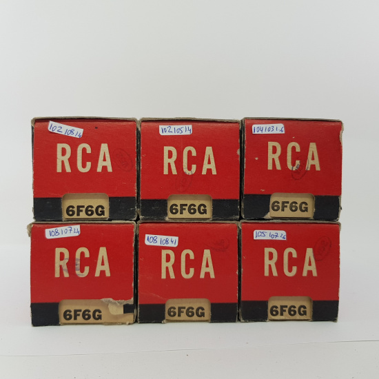 6 X 6F6G RCA TUBE. 1950s PROD. BLACK PLATES. MATCHED SEXTET. RCB409