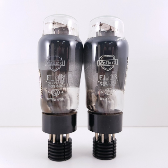 2 X EL33 TUBE. MULLARD. SMOKED GLASS. DUAL D-G. 1950s. MATCHED PAIR. CG  ENA