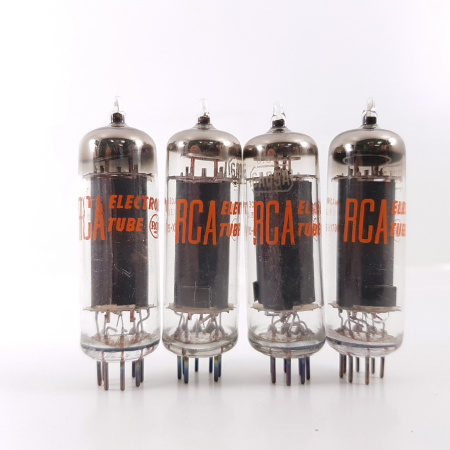 4 X 6AQ5A RCA TUBE. 1960s PROD. BLACK PLATES. COP. RODS. MATCHED QUAD. 80.CH166