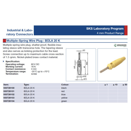 1 X HIRSCHMANN BÜLA 20K AMR YELLOW MALE 4MM BANANA PLUG. 4MM CONNECTOR. CA248U38F070825