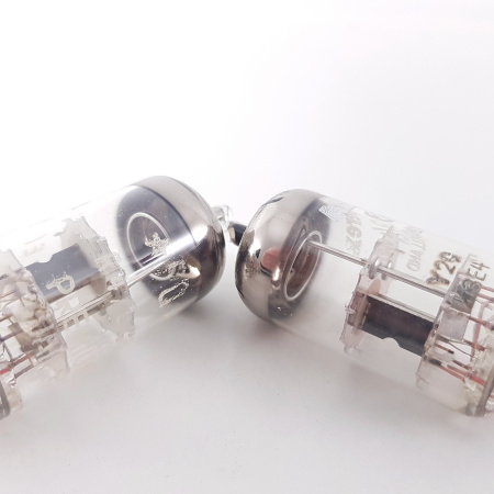 2 X 6R4 / EC81 AMPEREX TUBE. 1960s PHILIPS PROD. GOLD PIN. PQ. COPPER RODS. 15. MATCHED PAIR. CH81