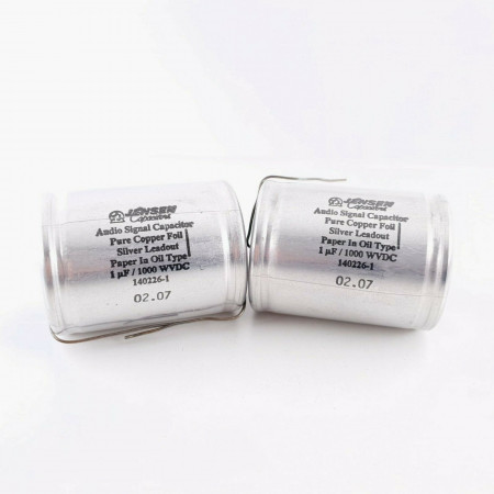 2 X 1uF 1000V JENSEN CAPACITOR. SILVER LEADOUT. AXIAL. 45.5X60MM. 14 CP  ENA